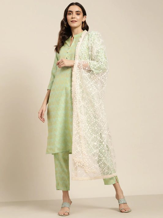 Women Green Jacquard Woven Design Straight Kurta Trousers & Chikankari Dupatta ( JOKS D28W 1443 Green )