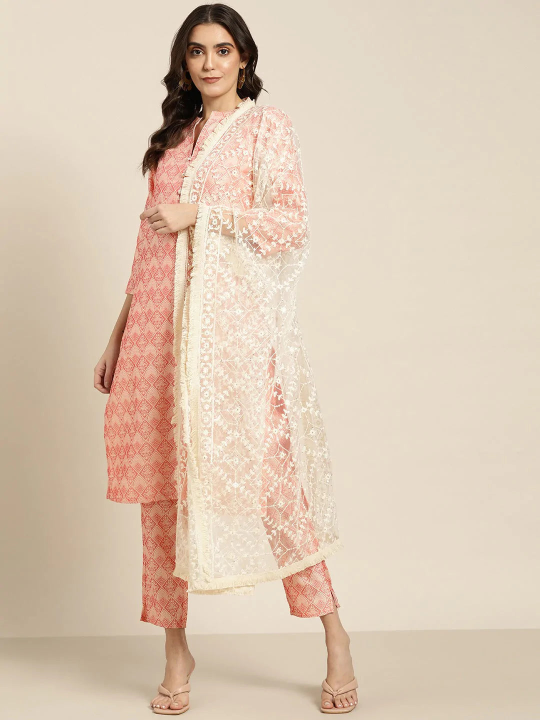 Women Pink Jacquard Woven Design Straight Kurta Trousers & Chikankari Dupatta ( JOKS D28W 1443 Pink )