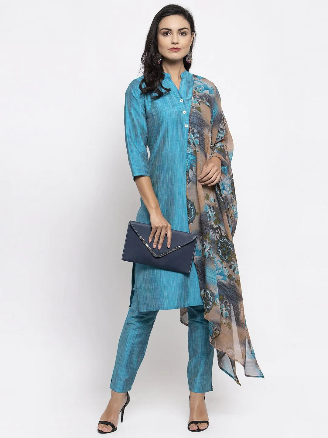Jompers Women Blue & Green Self-Striped Kurta with Trousers & Printed Georgette Dupatta ( JOKS D2B 1310 Blue )