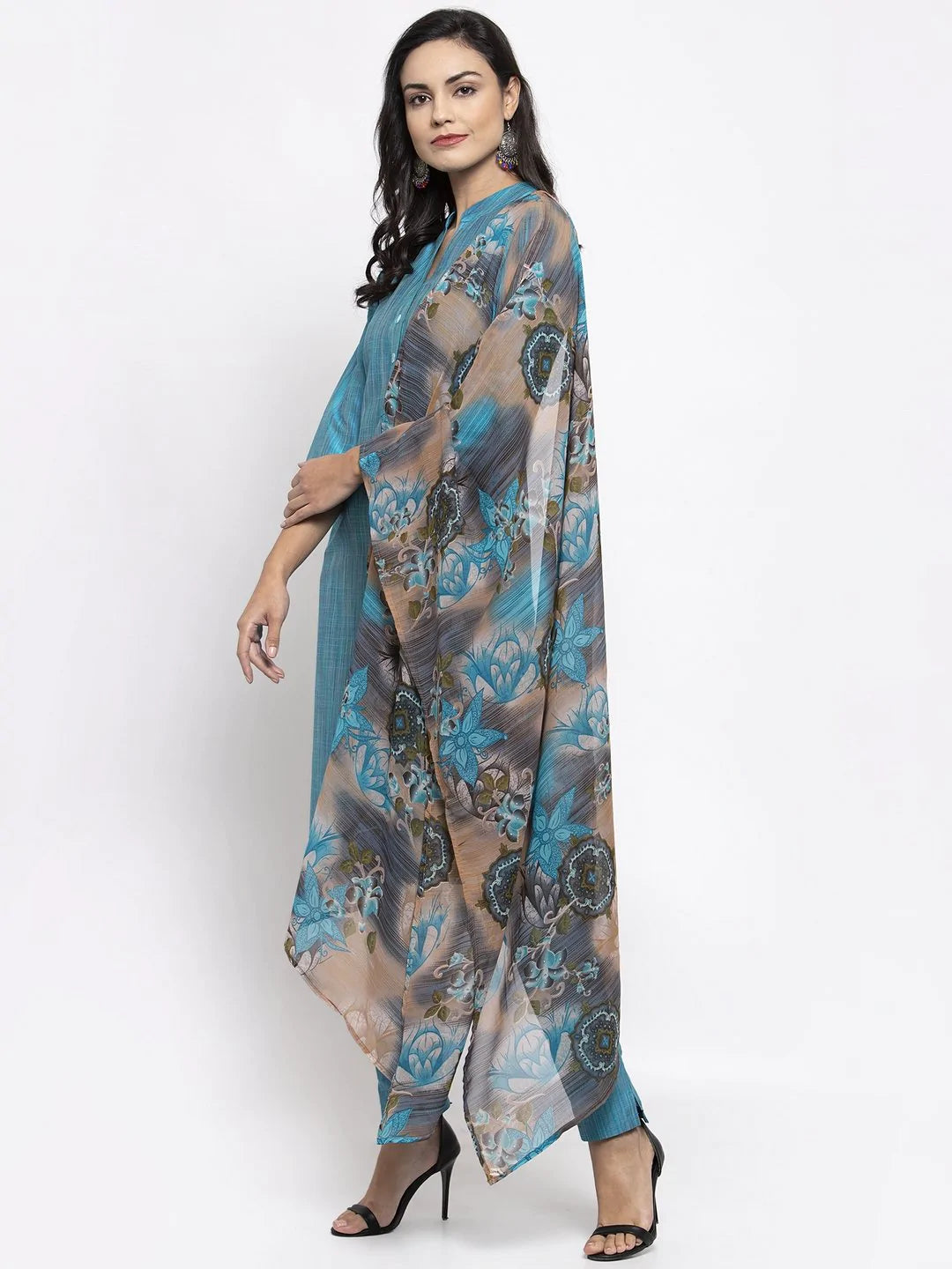 Jompers Women Blue & Green Self-Striped Kurta with Trousers & Printed Georgette Dupatta ( JOKS D2B 1310 Blue )