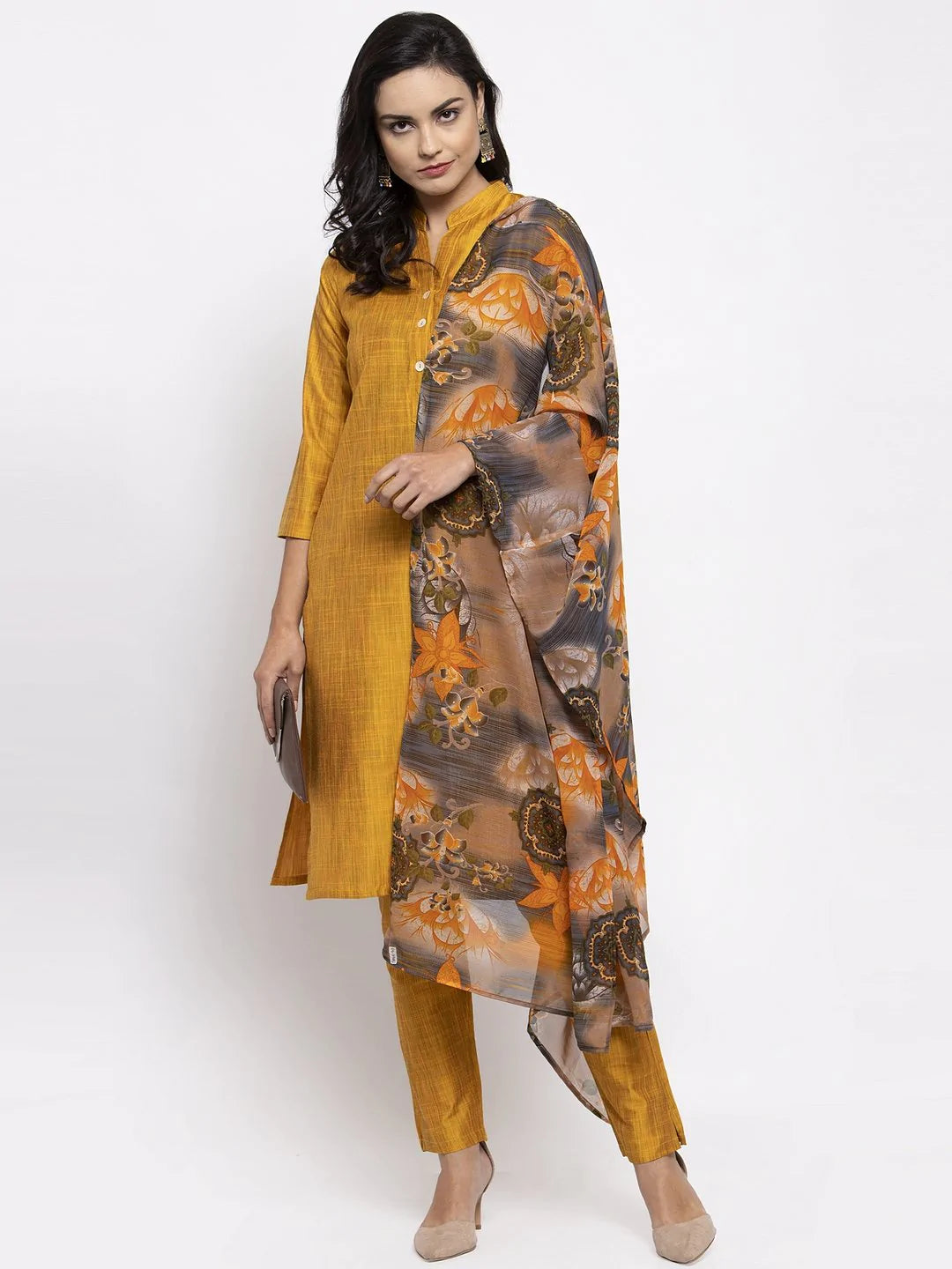 Jompers Women Yellow Self-Striped Kurta with Trousers & Gorgette Dupatta ( JOKS D2Y 1310 Yellow )