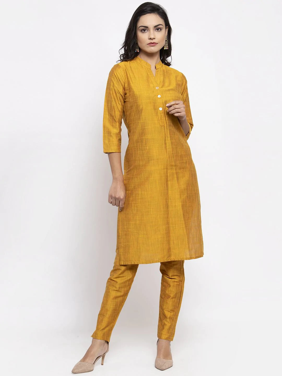 Jompers Women Yellow Self-Striped Kurta with Trousers & Gorgette Dupatta ( JOKS D2Y 1310 Yellow )
