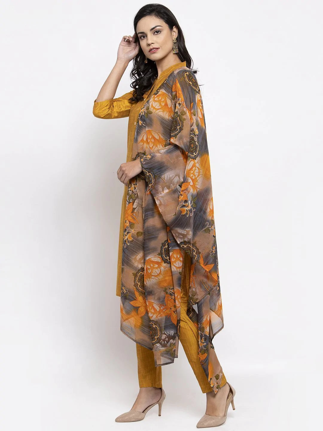 Jompers Women Yellow Self-Striped Kurta with Trousers & Gorgette Dupatta ( JOKS D2Y 1310 Yellow )