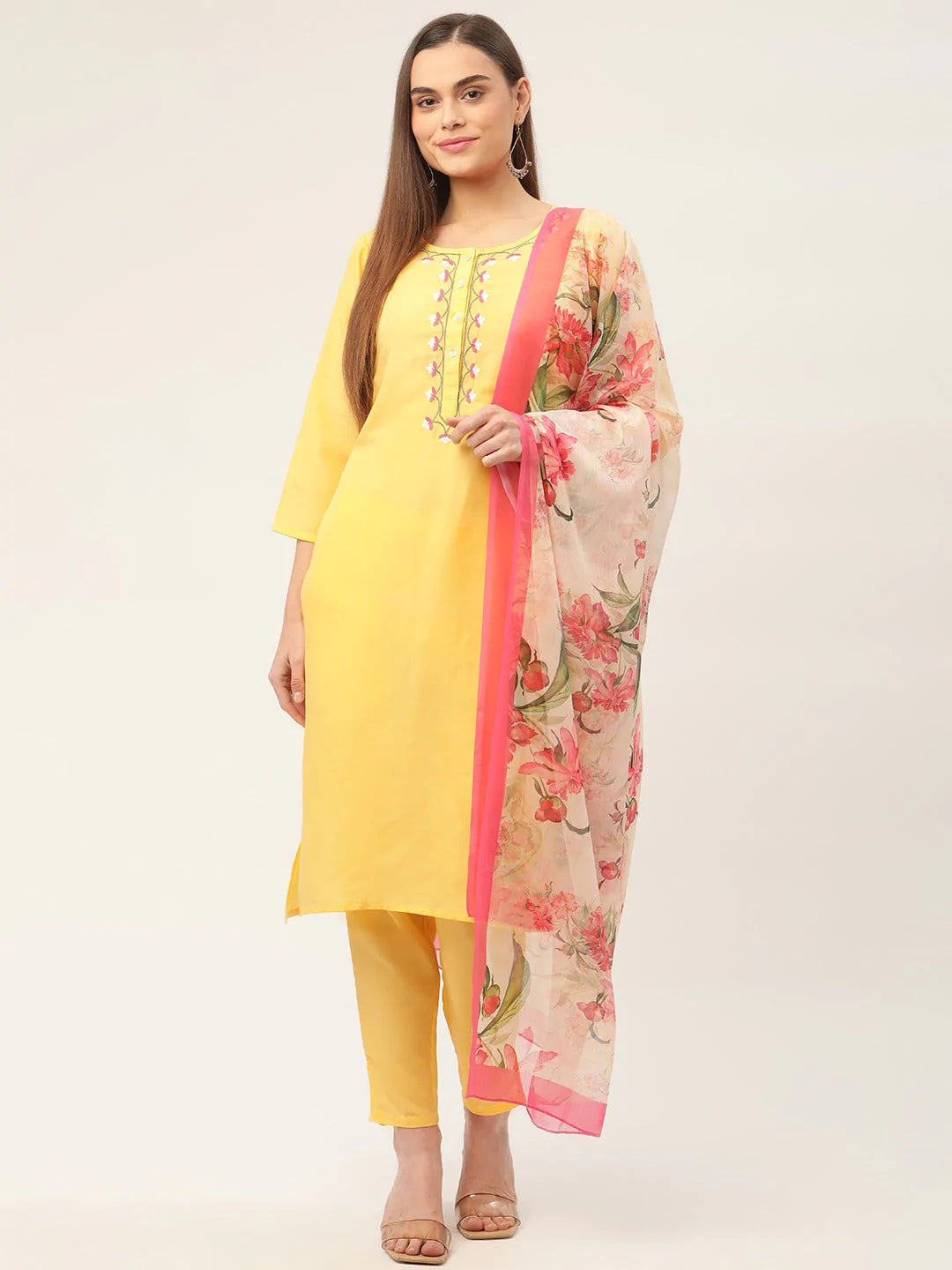 Women Yellow Embroidered Regular Kurta with Trousers & With Dupatta ( JOKS D30 1361 Yellow )