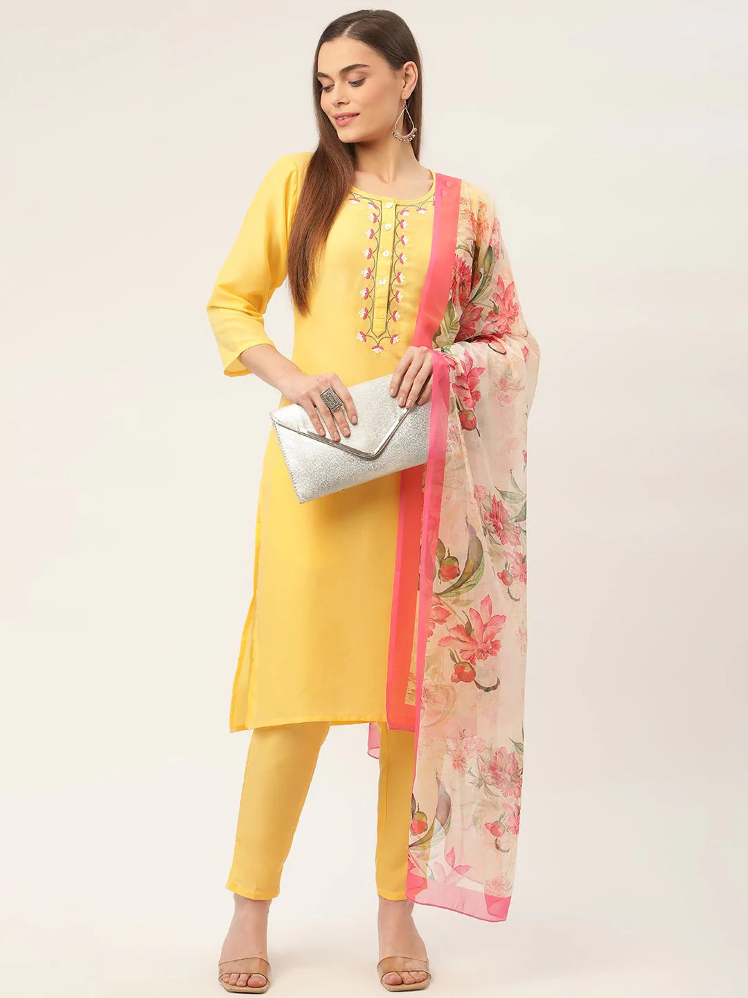 Women Yellow Embroidered Regular Kurta with Trousers & With Dupatta ( JOKS D30 1361 Yellow )