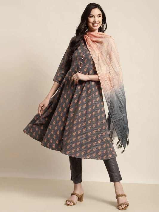 Printed Kurta with Trousers & With Dupatta ( JOKS D33M 1455 Grey )