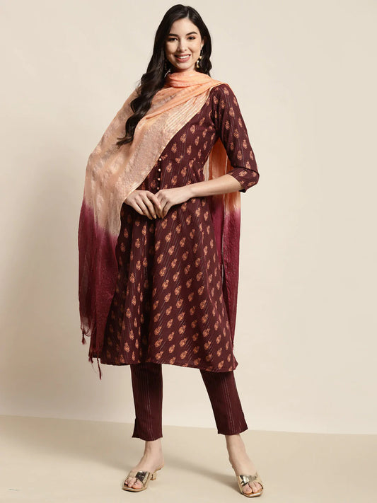 Printed Kurta with Trousers & With Dupatta ( JOKS D33M 1455 Maroon )