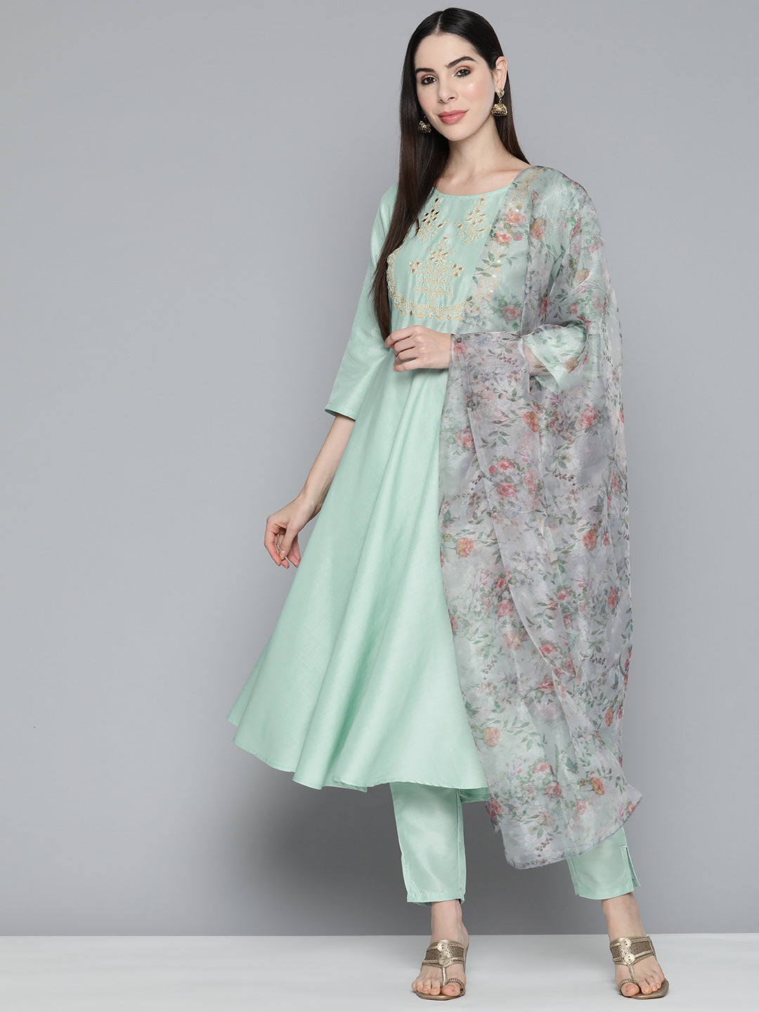 Green Floral Embroidered Mirror Work Kurta with Trousers & With Dupatta ( JOKS D34W 1490 Green )