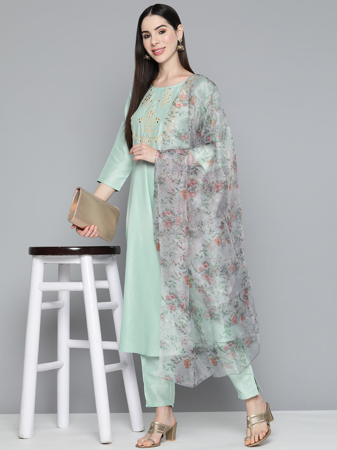Green Floral Embroidered Mirror Work Kurta with Trousers & With Dupatta ( JOKS D34W 1490 Green )