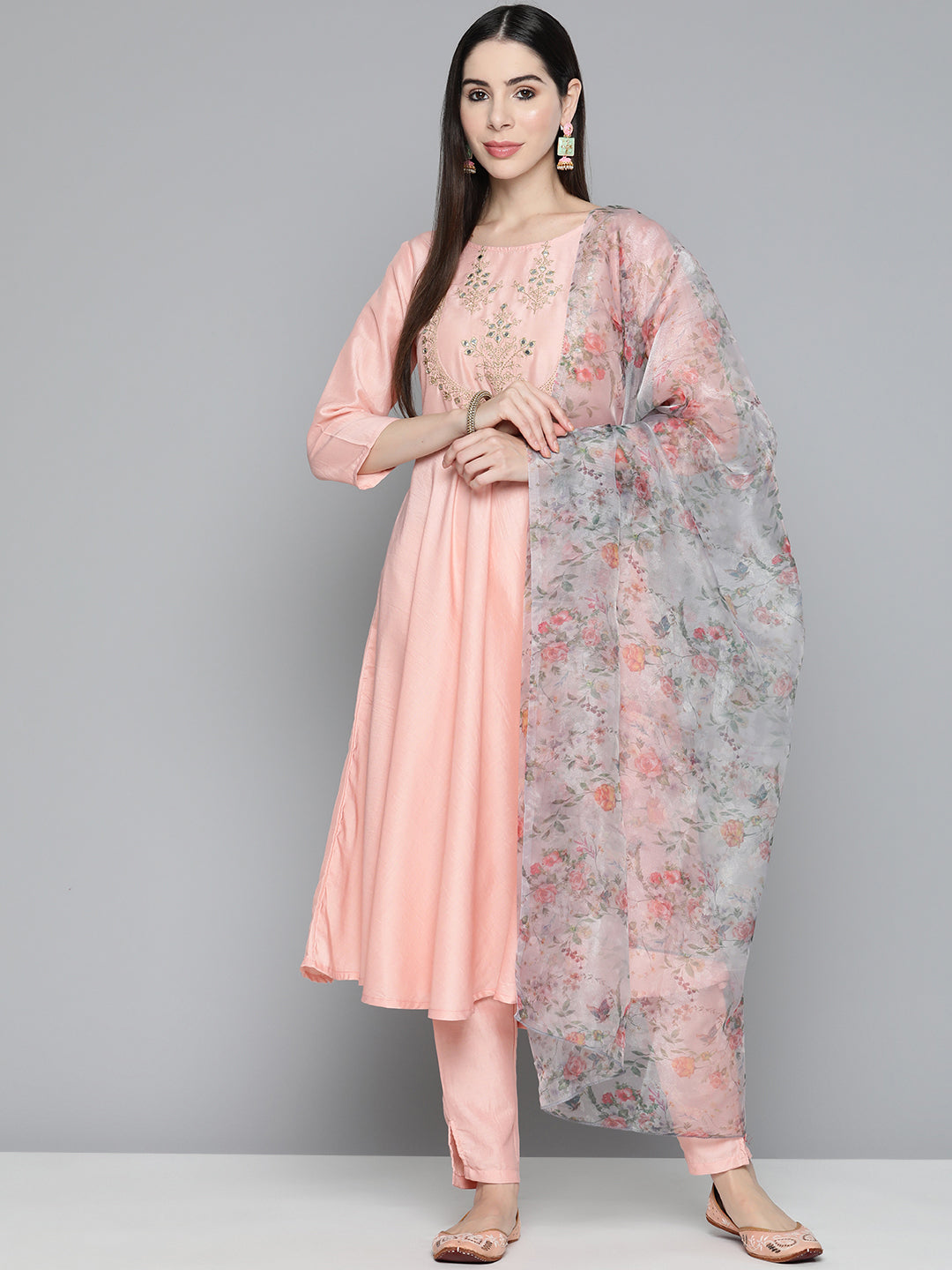 Peach Floral Embroidered Mirror Work Kurta with Trousers & With Dupatta ( JOKS D34W 1490 Peach )