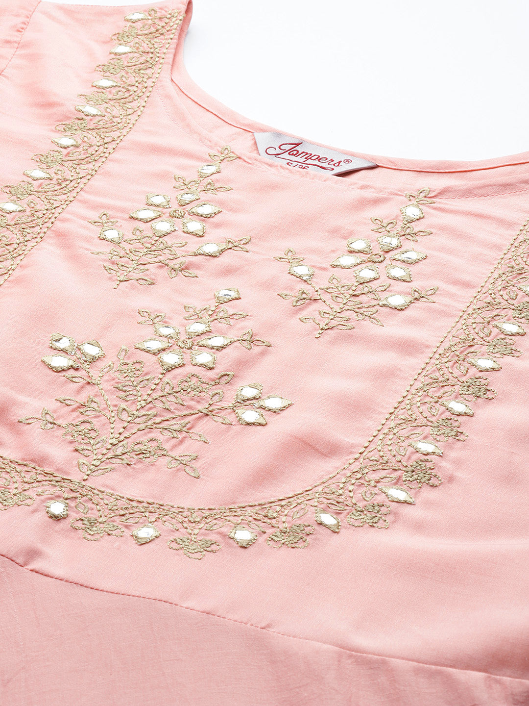 Peach Floral Embroidered Mirror Work Kurta with Trousers & With Dupatta ( JOKS D34W 1490 Peach )