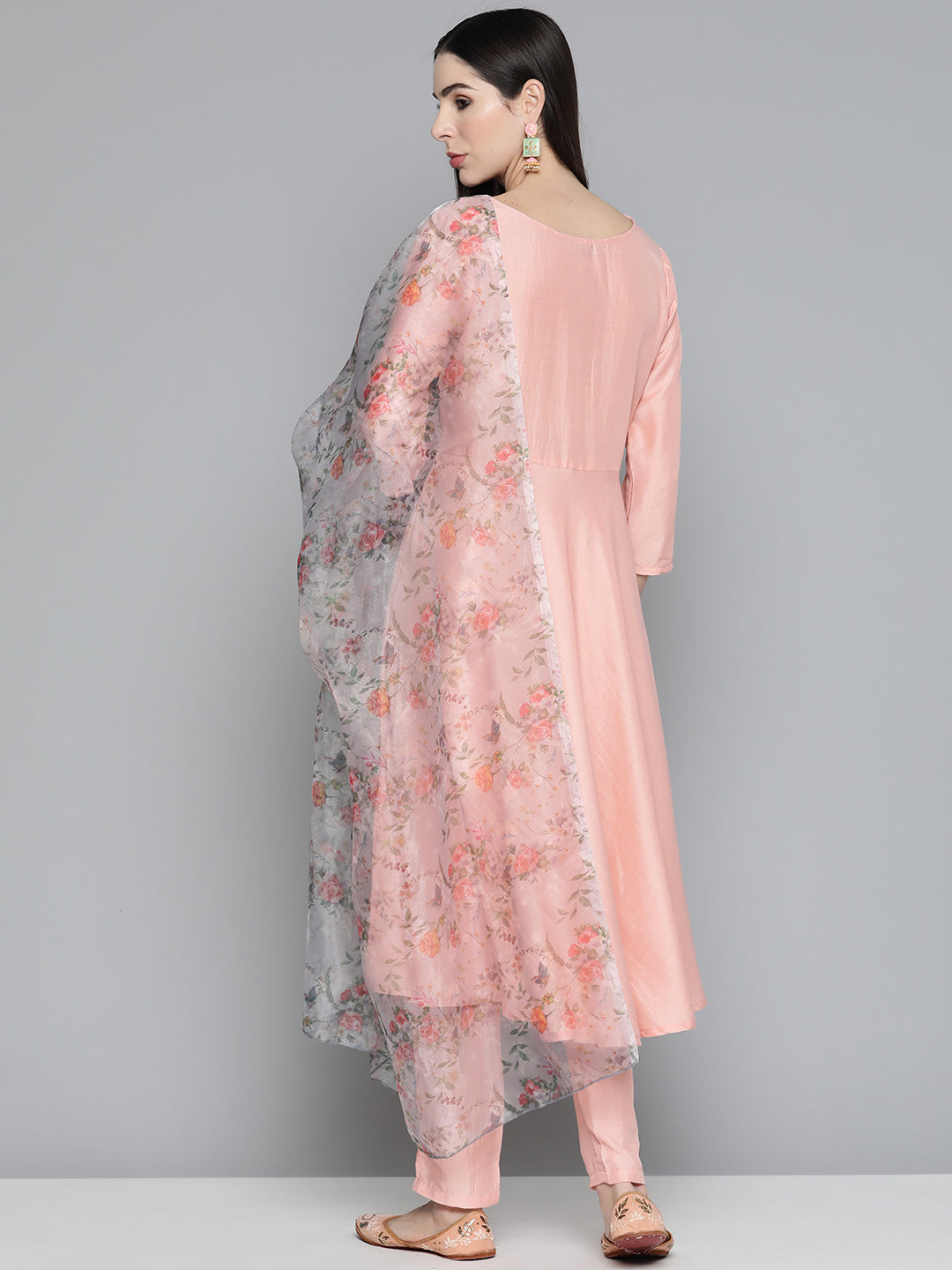 Peach Floral Embroidered Mirror Work Kurta with Trousers & With Dupatta ( JOKS D34W 1490 Peach )