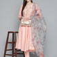Peach Floral Embroidered Mirror Work Kurta with Trousers & With Dupatta ( JOKS D34W 1490 Peach )