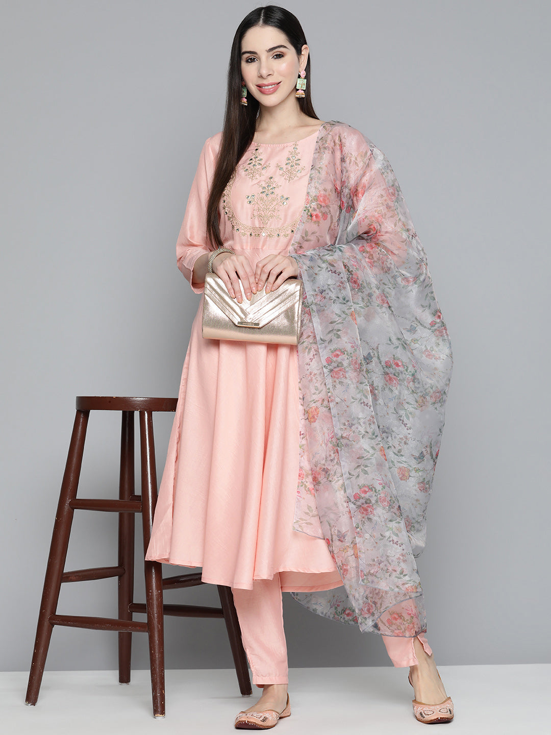 Peach Floral Embroidered Mirror Work Kurta with Trousers & With Dupatta ( JOKS D34W 1490 Peach )