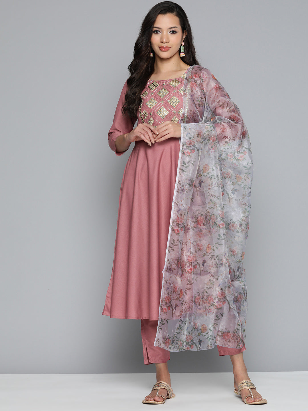 Pink Floral Embroidered Mirror Work Kurta with Trousers & With Dupatta ( JOKS D34W 1496 Pink )