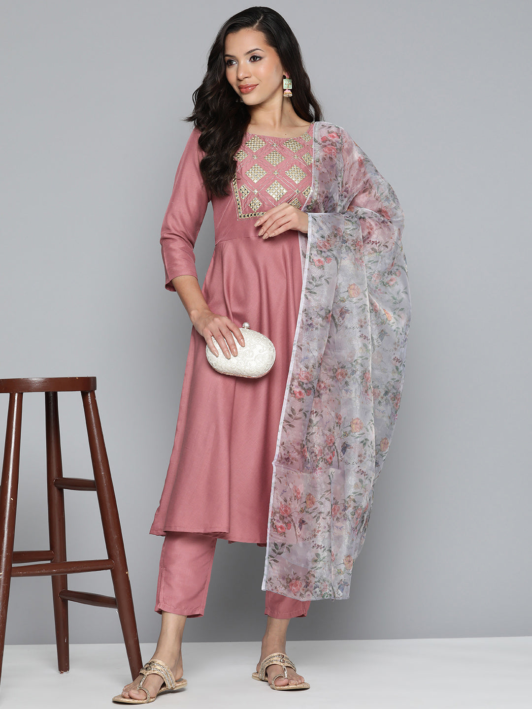 Pink Floral Embroidered Mirror Work Kurta with Trousers & With Dupatta ( JOKS D34W 1496 Pink )