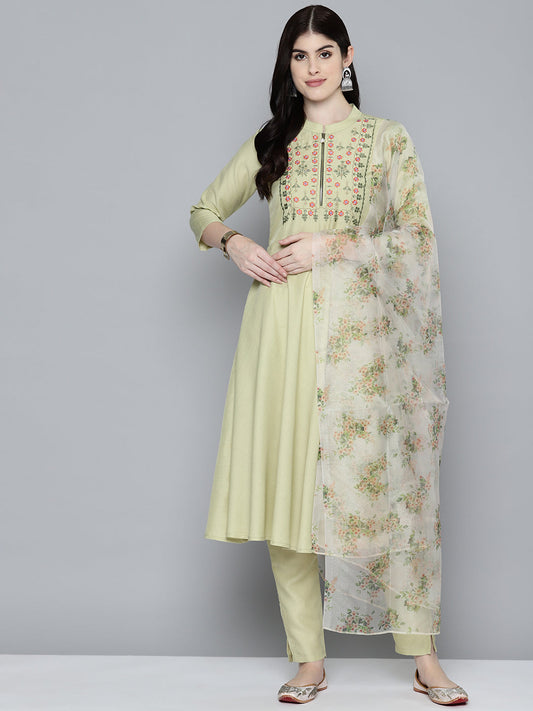 Embroidered falred kurta, printed dupatta with pants ( JOKS D34Y 1532 Lime )