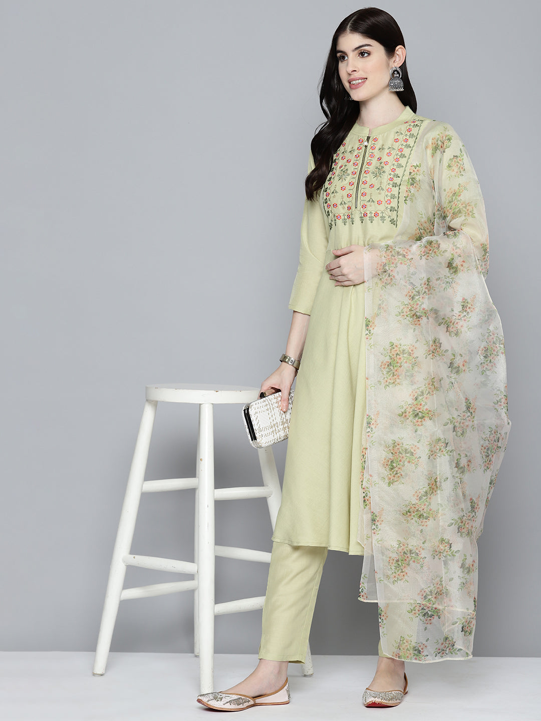 Embroidered falred kurta, printed dupatta with pants ( JOKS D34Y 1532 Lime )