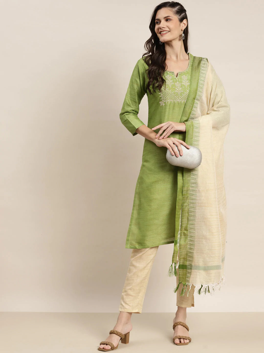 Yoke Design Cotton Silk Kurta with Trousers & Dupatta ( JOKS D35G 1465 Green )