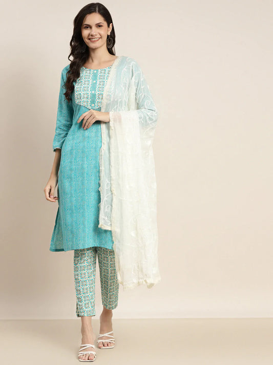 Printed Gotta Patti Kurta with Trousers & Dupatta ( JOKS D36W 1470 Blue )