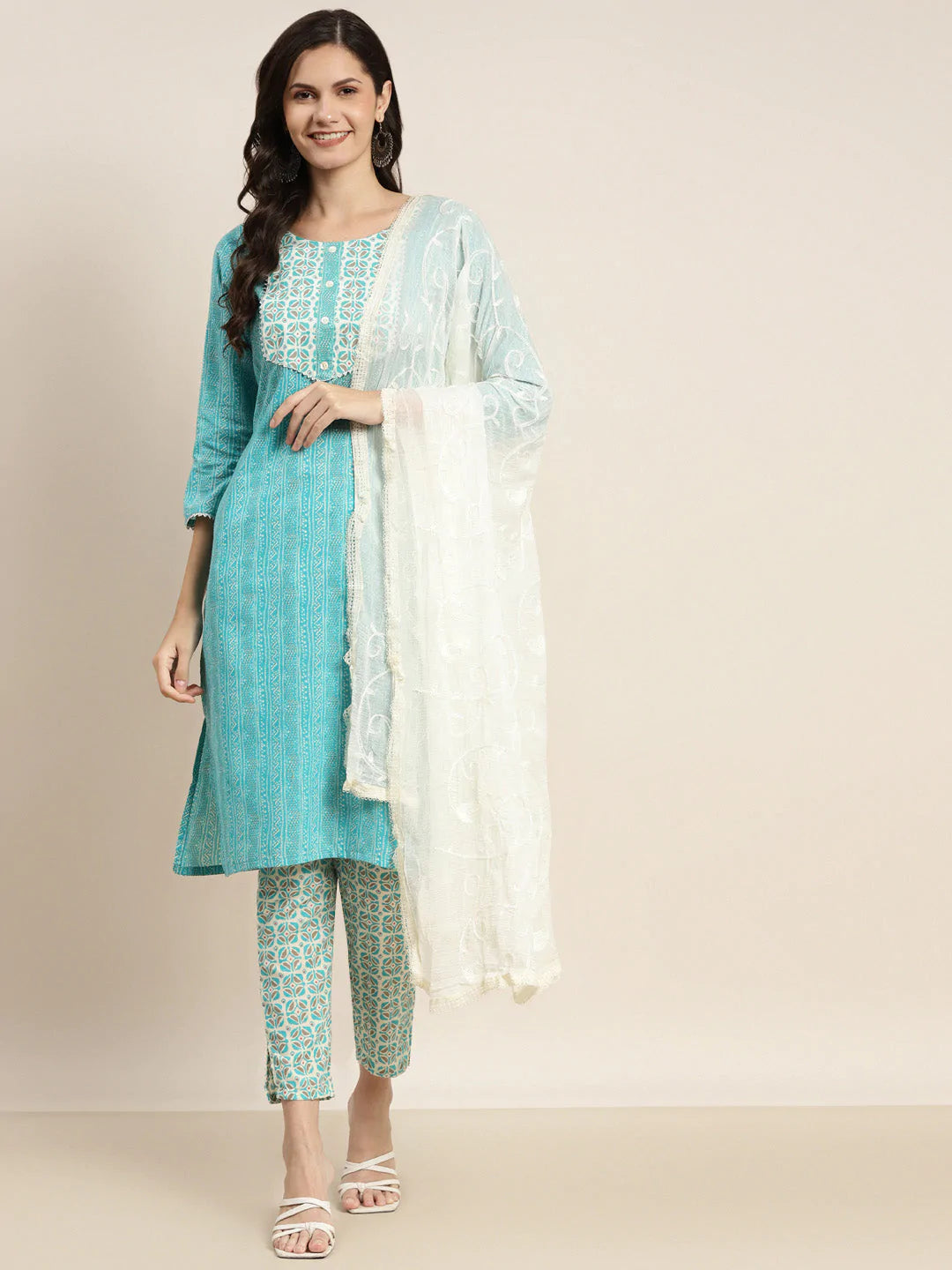 Printed Gotta Patti Kurta with Trousers & Dupatta ( JOKS D36W 1470 Blue )