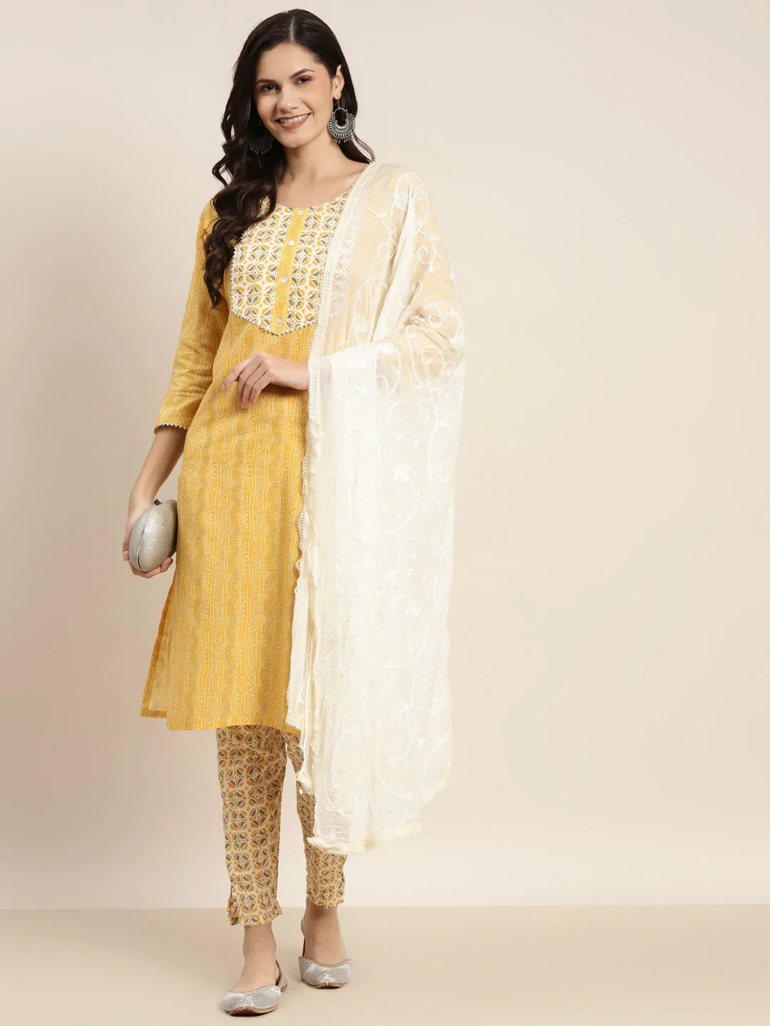 Printed Gotta Patti Kurta with Trousers & Dupatta ( JOKS D36W 1470 Yellow )