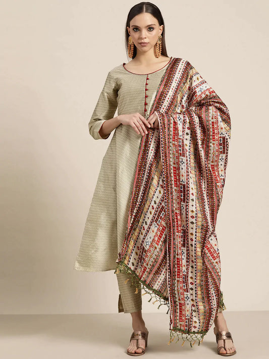 Women Dupion Silk Jacquard Kurta with Trousers & Dupatta ( JOKS D39OW 1482 Beige )