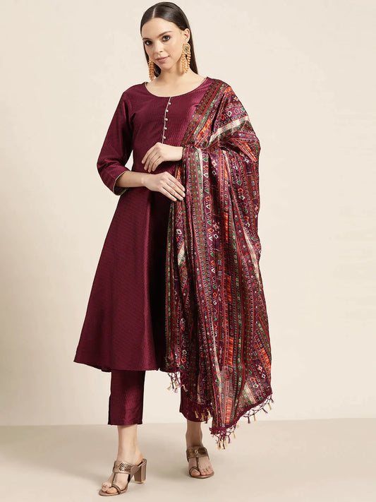 Women Dupion Silk Jacquard Kurta with Trousers & Dupatta ( JOKS D39P 1482 Purple )