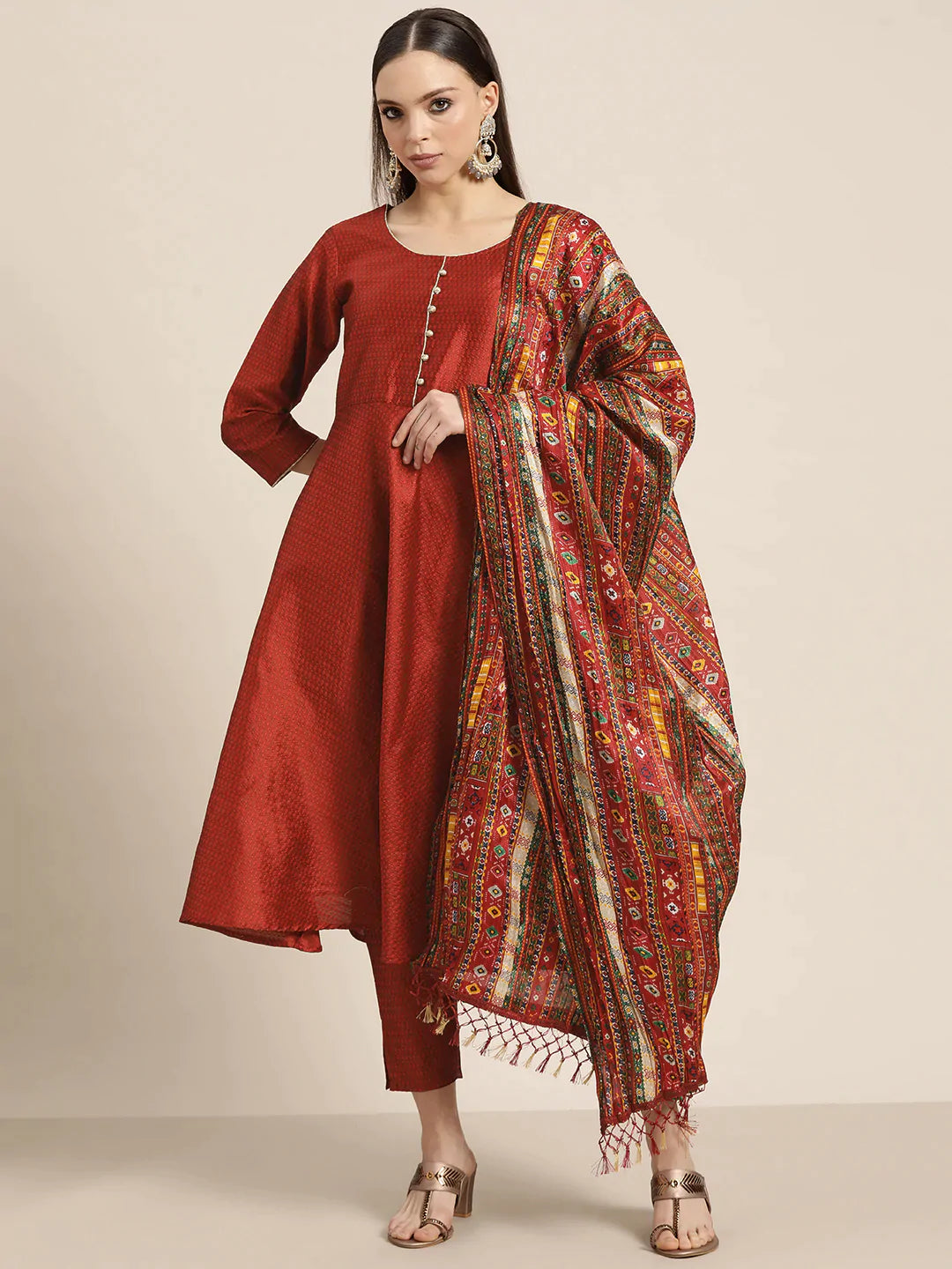 Women Dupion Silk Jacquard Kurta with Trousers & Dupatta ( JOKS D39R 1482 Maroon )