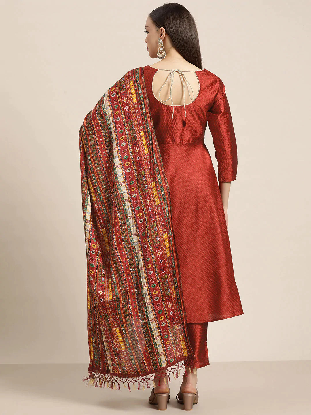 Women Dupion Silk Jacquard Kurta with Trousers & Dupatta ( JOKS D39R 1482 Maroon )