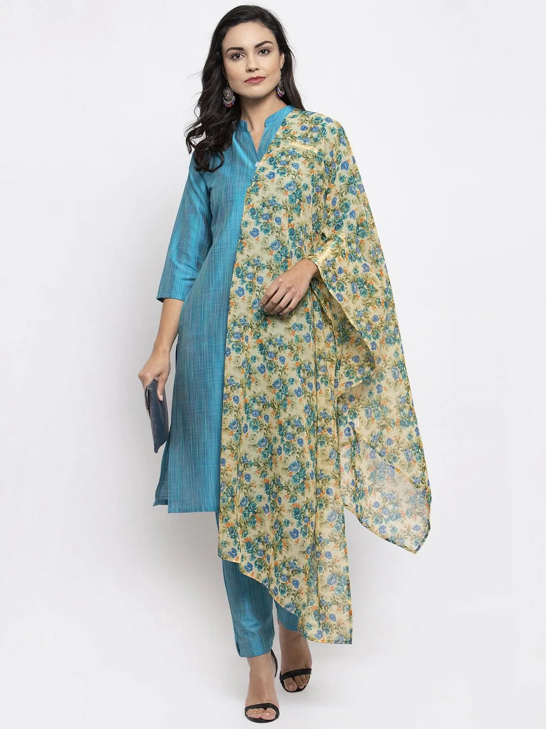 Jompers Women Blue & Green Self-Striped Kurta with Trousers & Floral Georgette Dupatta ( JOKS D3B 1310 Blue )