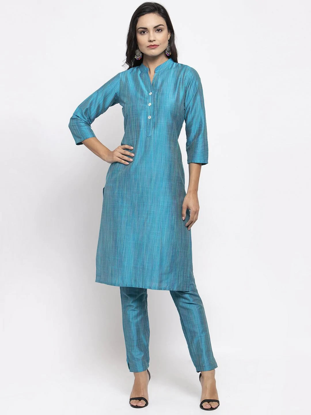 Jompers Women Blue & Green Self-Striped Kurta with Trousers & Floral Georgette Dupatta ( JOKS D3B 1310 Blue )