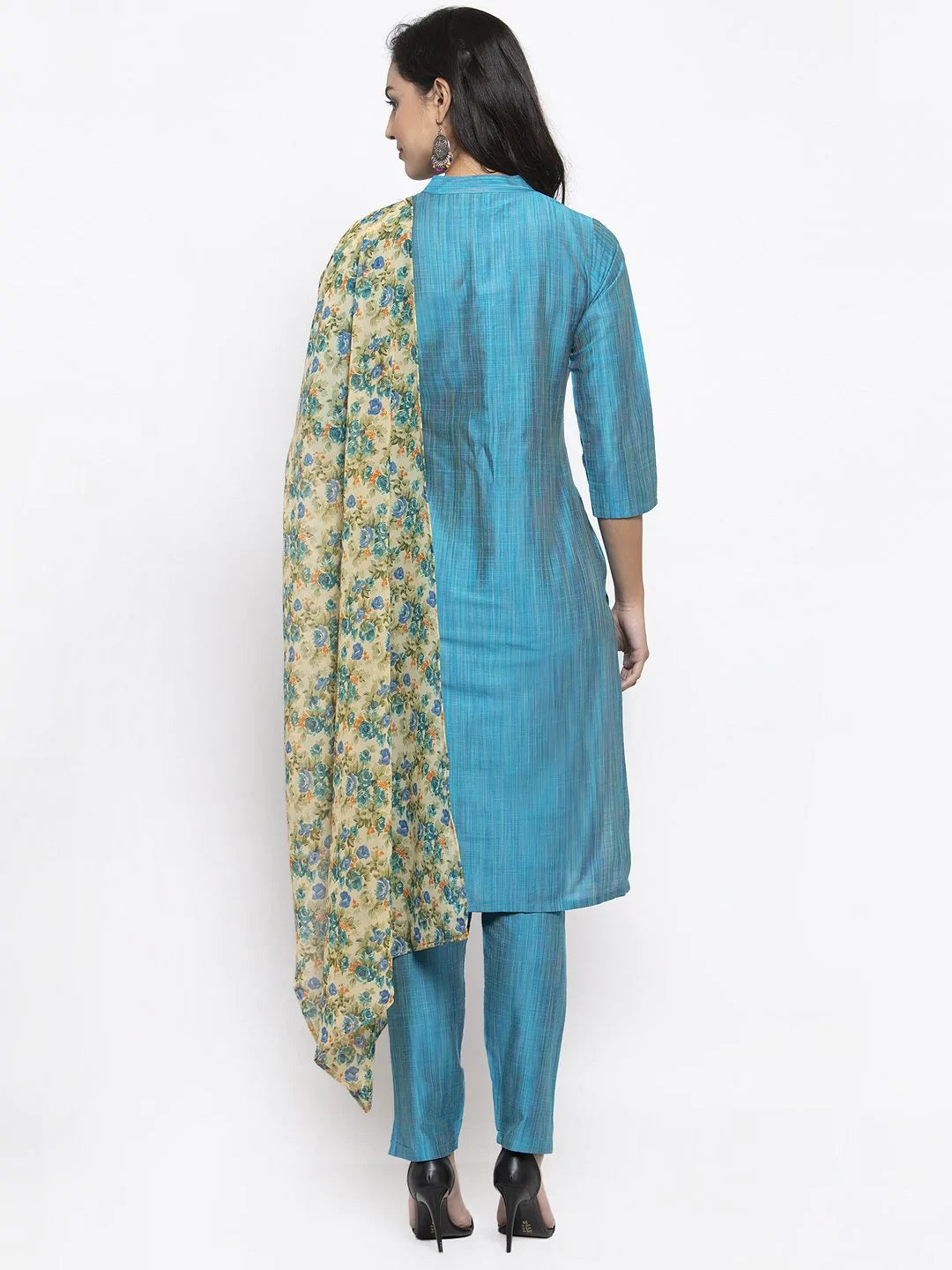 Jompers Women Blue & Green Self-Striped Kurta with Trousers & Floral Georgette Dupatta ( JOKS D3B 1310 Blue )