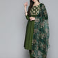 Olive Green Floral Embroidered Mirror Work Kurta with Trousers & With Dupatta ( JOKS D41G 1496 Olive )