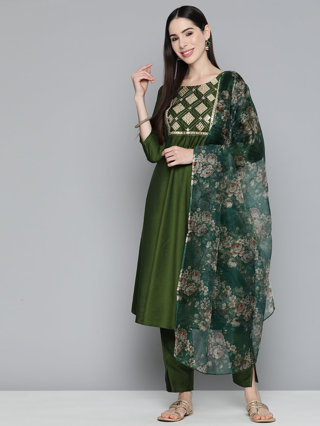 Olive Green Floral Embroidered Mirror Work Kurta with Trousers & With Dupatta ( JOKS D41G 1496 Olive )