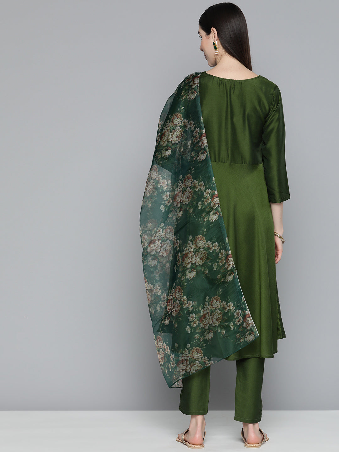 Olive Green Floral Embroidered Mirror Work Kurta with Trousers & With Dupatta ( JOKS D41G 1496 Olive )