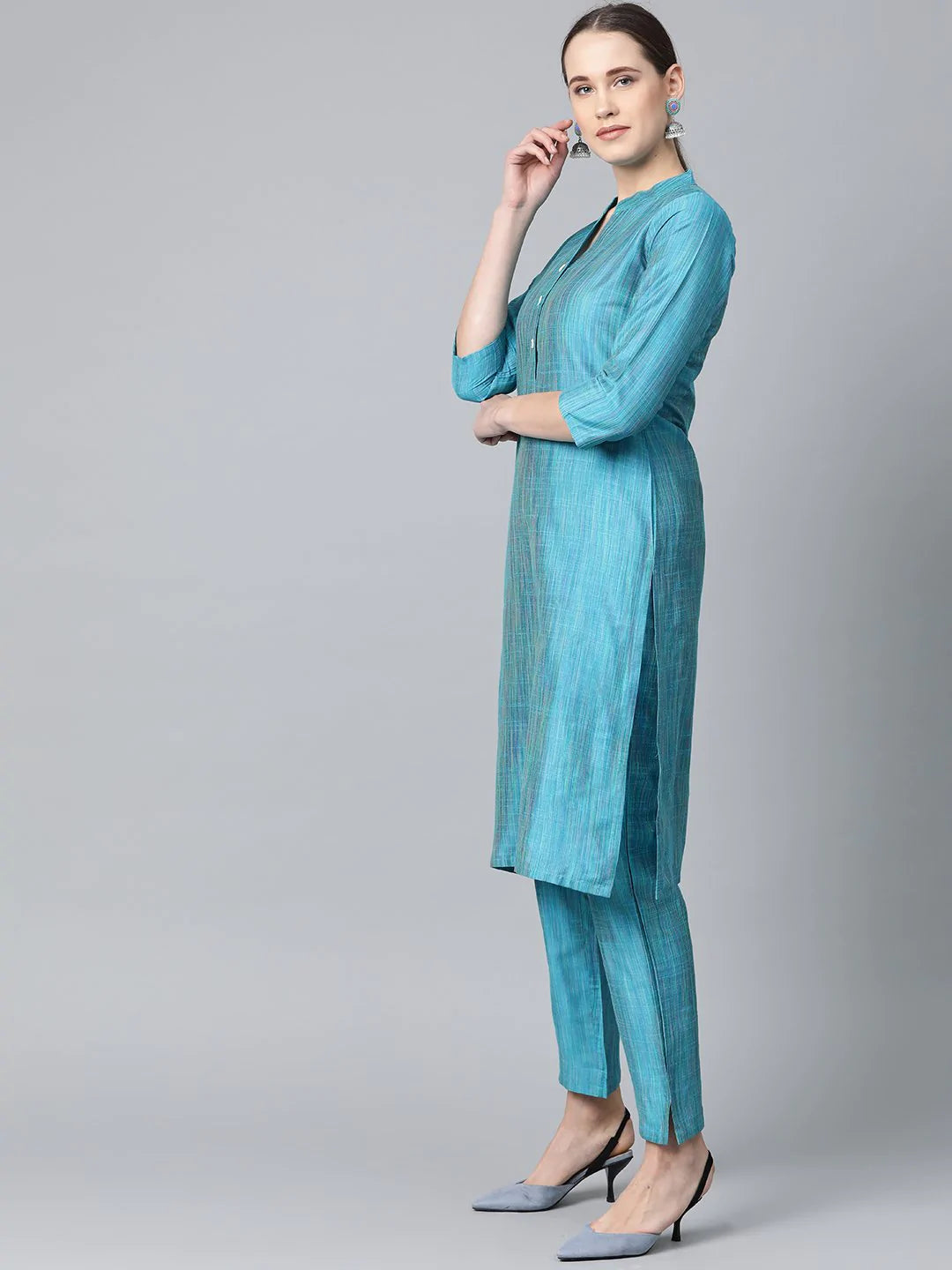 Jompers Women Blue & Green Self-Striped Kurta with Trousers & Dupatta ( JOKS D4B 1310 Blue )