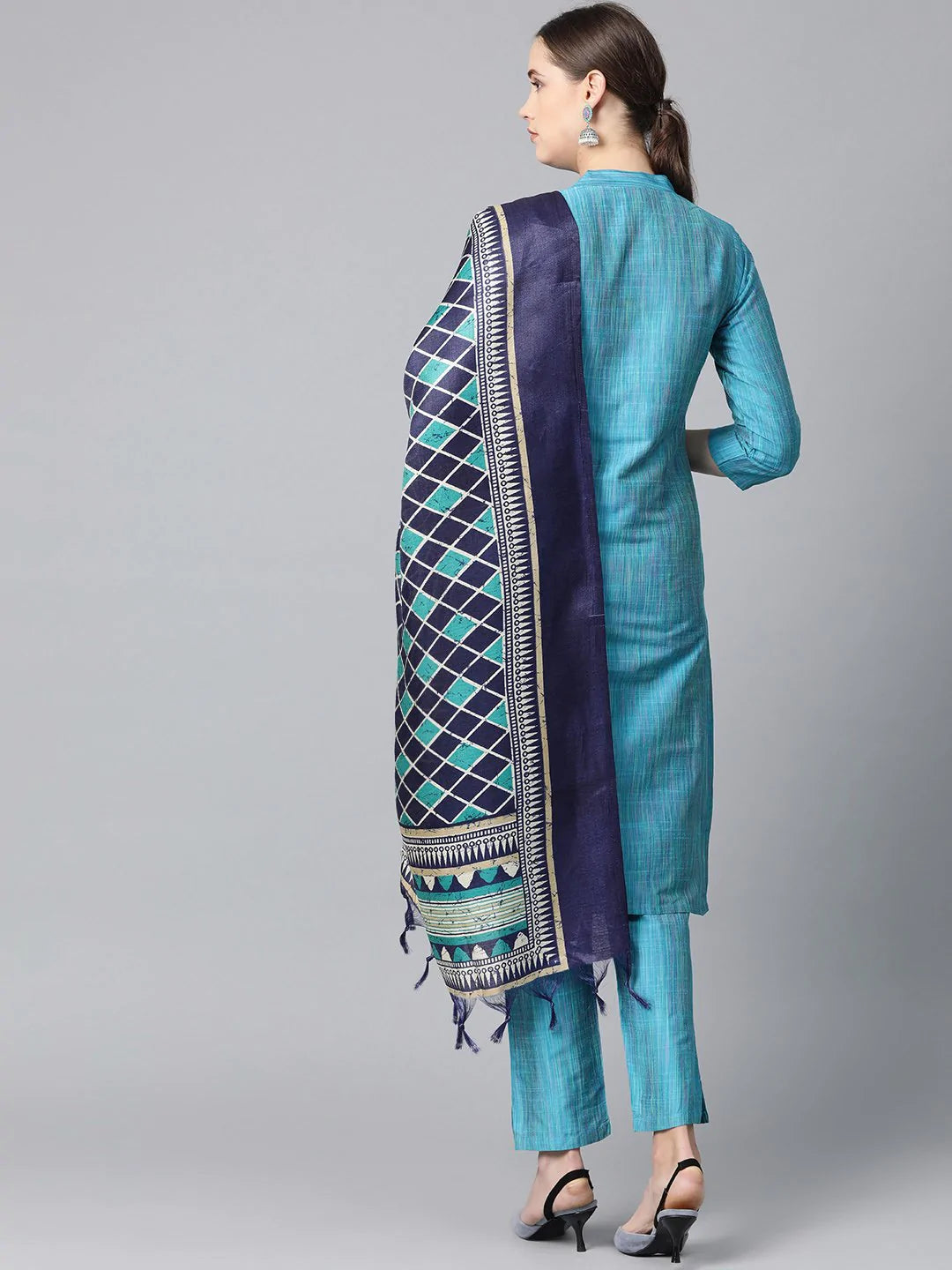 Jompers Women Blue & Green Self-Striped Kurta with Trousers & Dupatta ( JOKS D4B 1310 Blue )