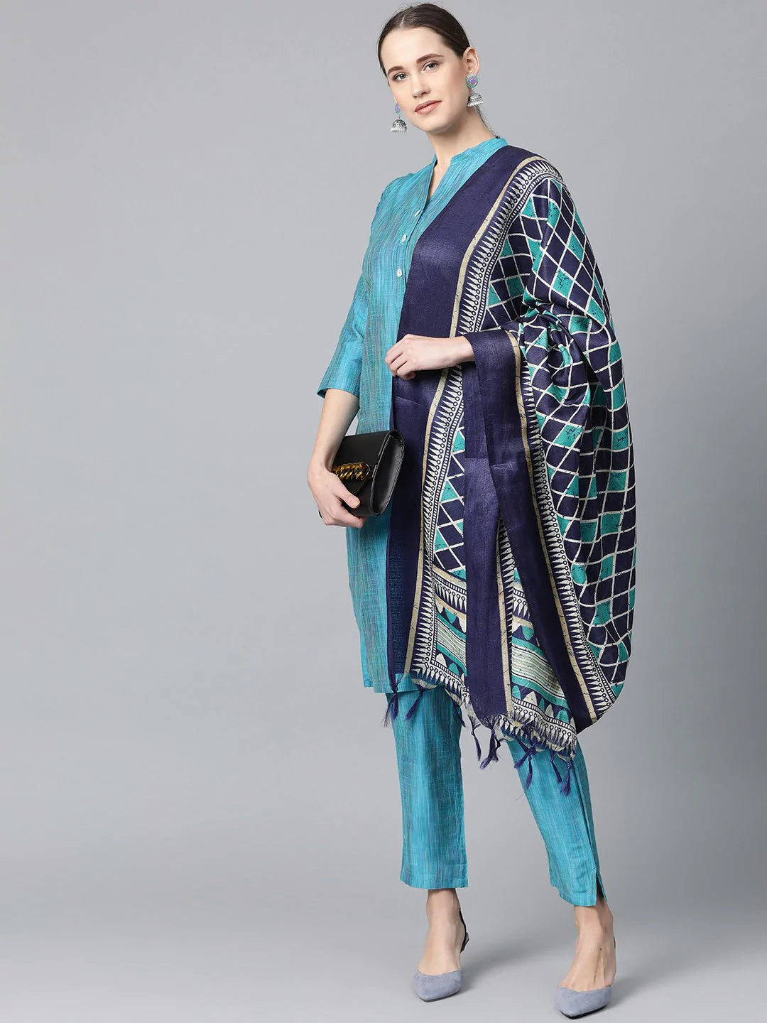 Jompers Women Blue & Green Self-Striped Kurta with Trousers & Dupatta ( JOKS D4B 1310 Blue )