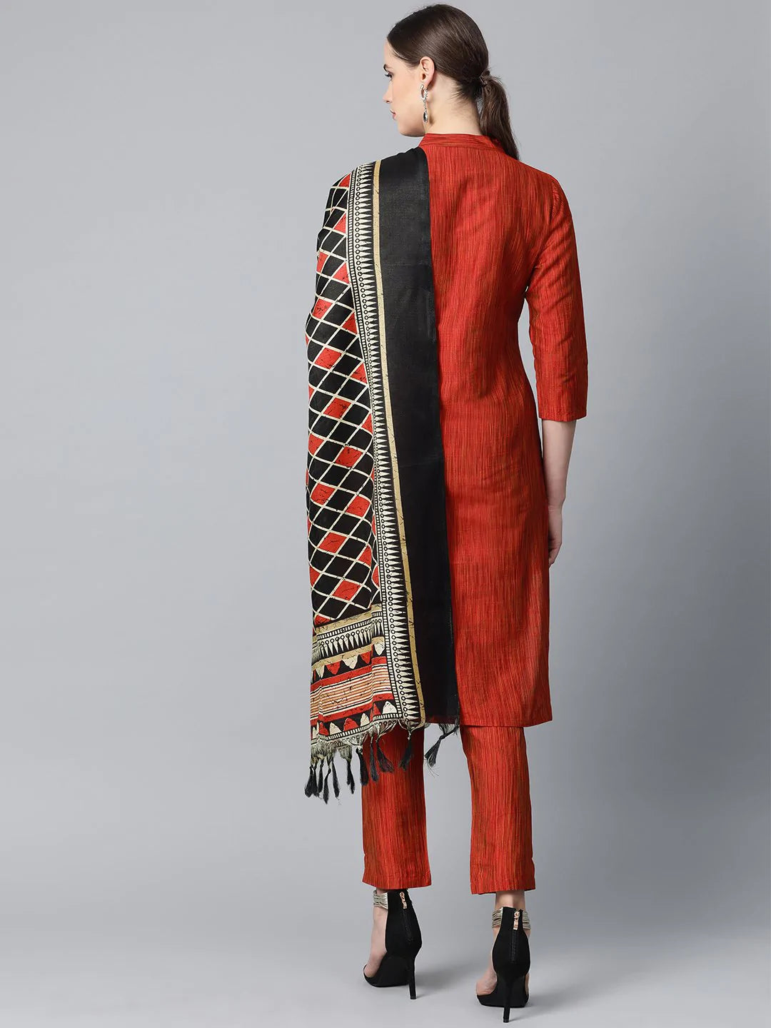 Jompers Women Red & Black Self-Striped Kurta with Trousers & Dupatta ( JOKS D4R 1310 Red )