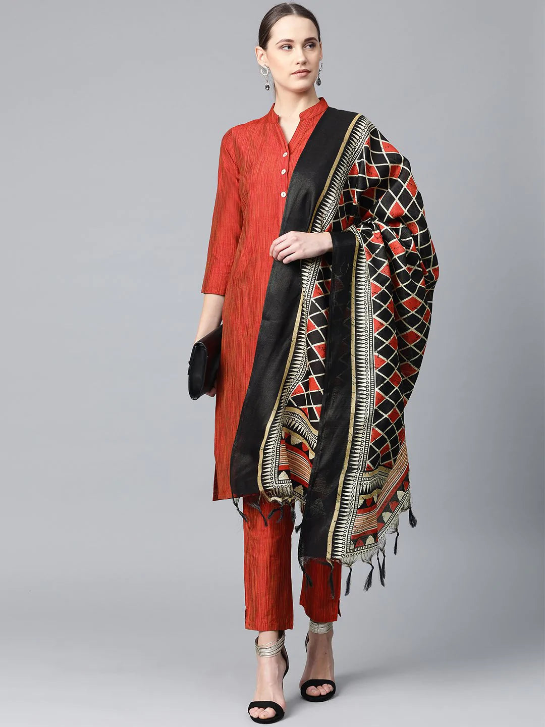Jompers Women Red & Black Self-Striped Kurta with Trousers & Dupatta ( JOKS D4R 1310 Red )