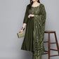 Sequin, zari embroidered flaired kurta with pants and dupatta ( JOKS D50G 1537 Green )