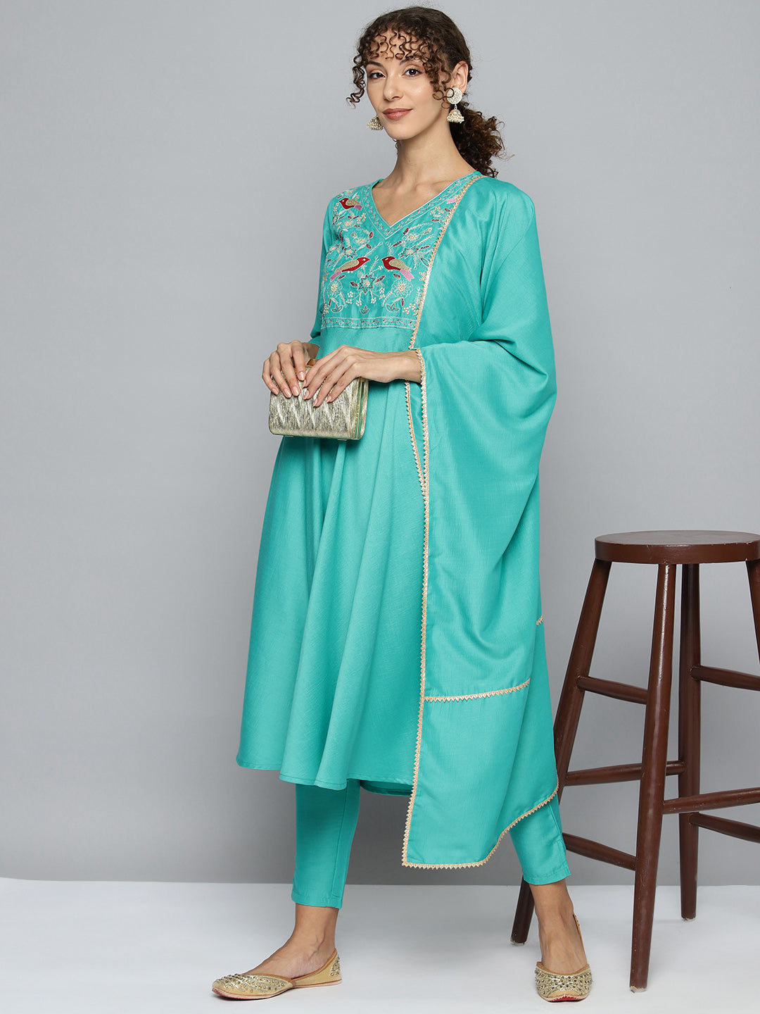 Embroidered Silk Flared kurta,pant with dupatta set ( JOKS D52G 1535 Green )