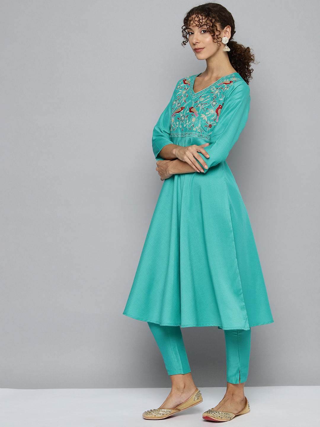 Embroidered Silk Flared kurta,pant with dupatta set ( JOKS D52G 1535 Green )