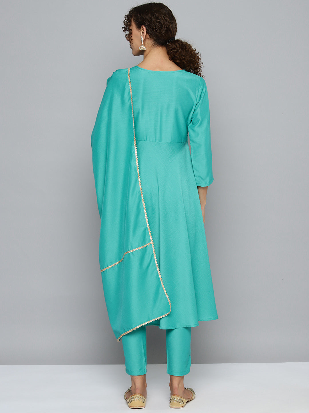 Embroidered Silk Flared kurta,pant with dupatta set ( JOKS D52G 1535 Green )