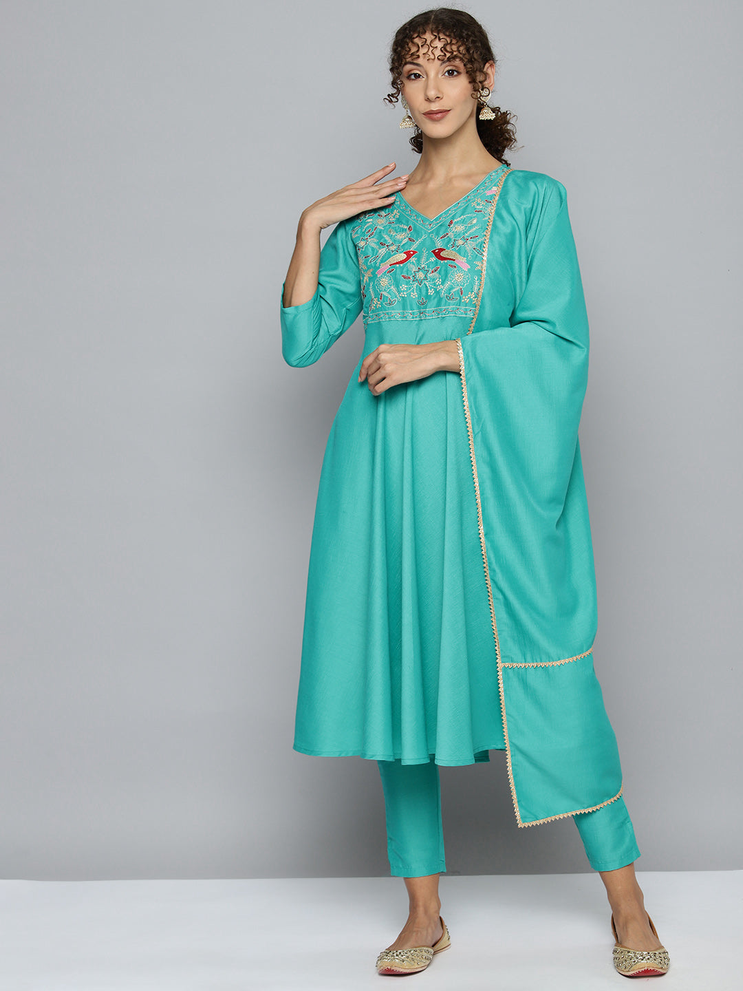 Embroidered Silk Flared kurta,pant with dupatta set ( JOKS D52G 1535 Green )