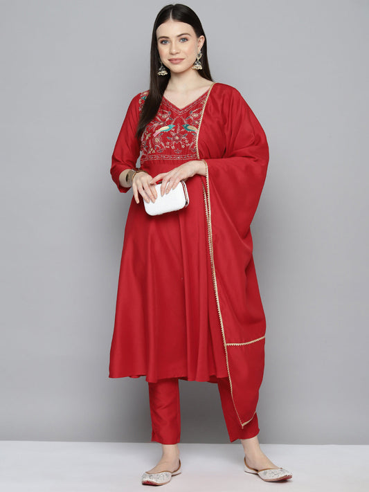 Embroidered Silk Flared kurta,pant with dupatta set ( JOKS D52R 1535 Red )