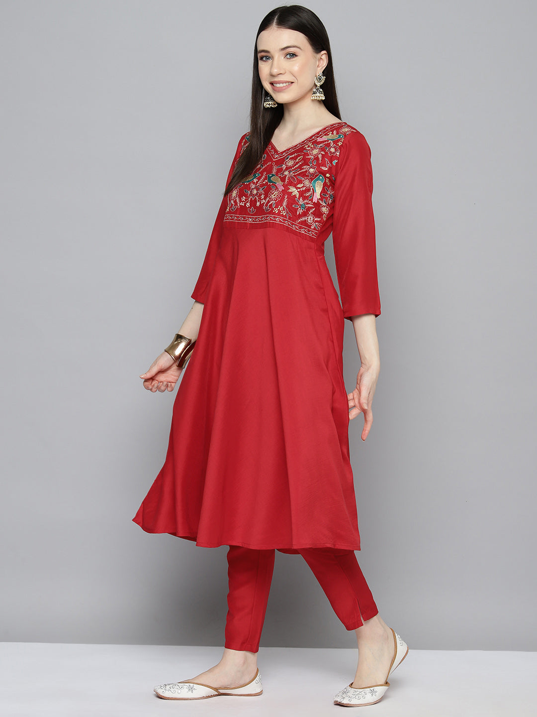 Embroidered Silk Flared kurta,pant with dupatta set ( JOKS D52R 1535 Red )