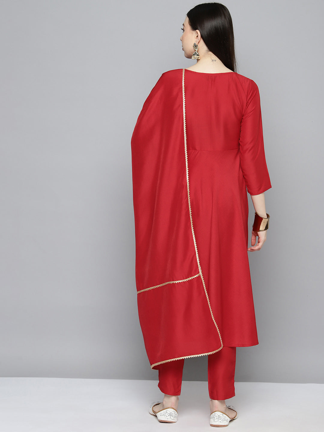 Embroidered Silk Flared kurta,pant with dupatta set ( JOKS D52R 1535 Red )