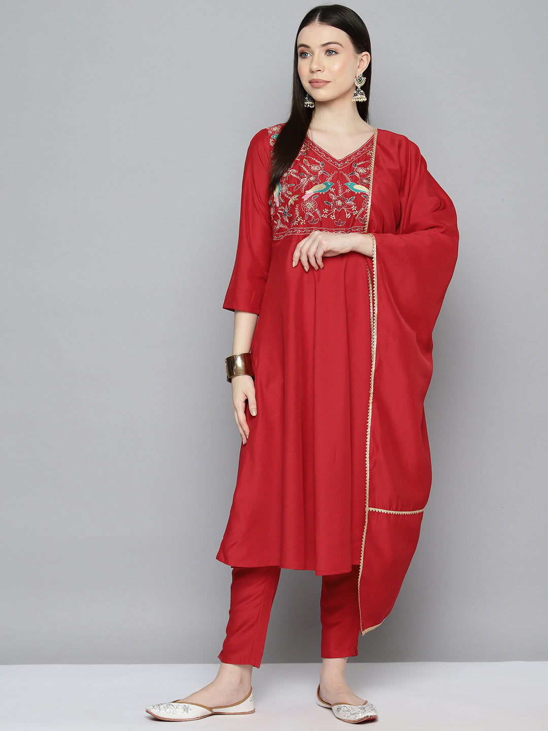 Embroidered Silk Flared kurta,pant with dupatta set ( JOKS D52R 1535 Red )
